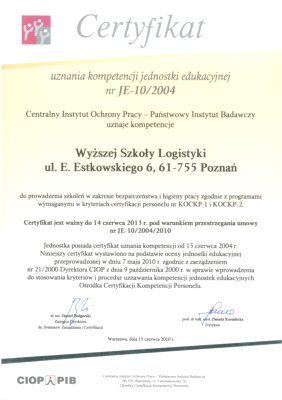 Certyfikat uznania dla studiów bhp w WSL