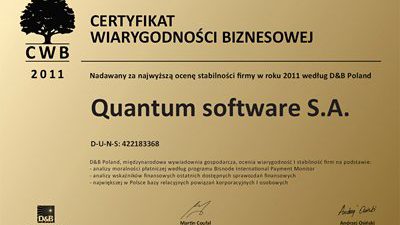 Certyfikat Wiarygodności Biznesowej D&B dla Quantum software.