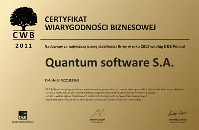 Certyfikat Wiarygodności Biznesowej D&B dla Quantum software.