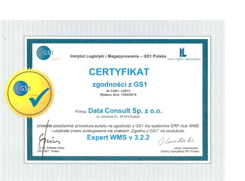 ExpertWMS DataConsult z certyfikatem GS1