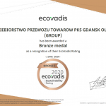 Certyfikat i medal EcoVadis dla PKS Gdańsk-Oliwa SA za działania CSR w 2020 roku.